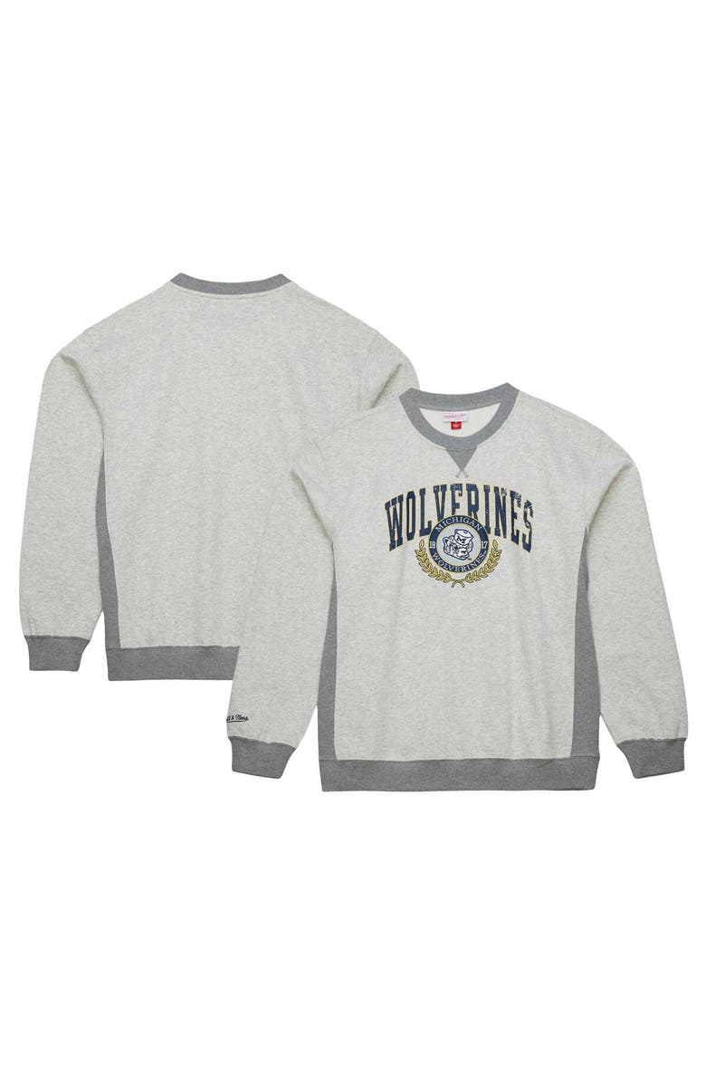 Mitchell & Ness Men's Mitchell & Ness Heather Gray Michigan Wolverines Arched Fleece Crewneck Pullover Sweatshirt, Alternate, color, Heather Gray
