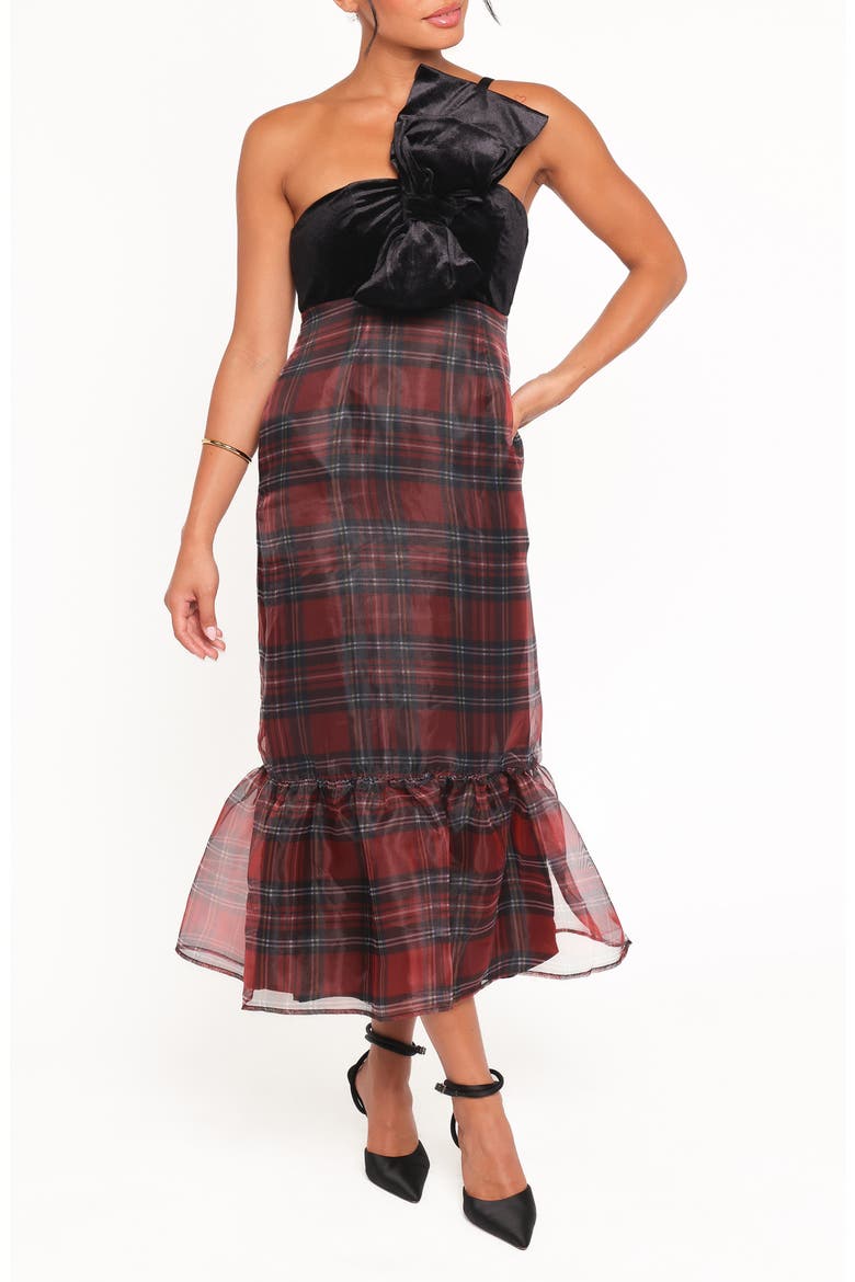 Amelie Bow Velvet & Organza Maxi Dress, Main, color, RED PLAID