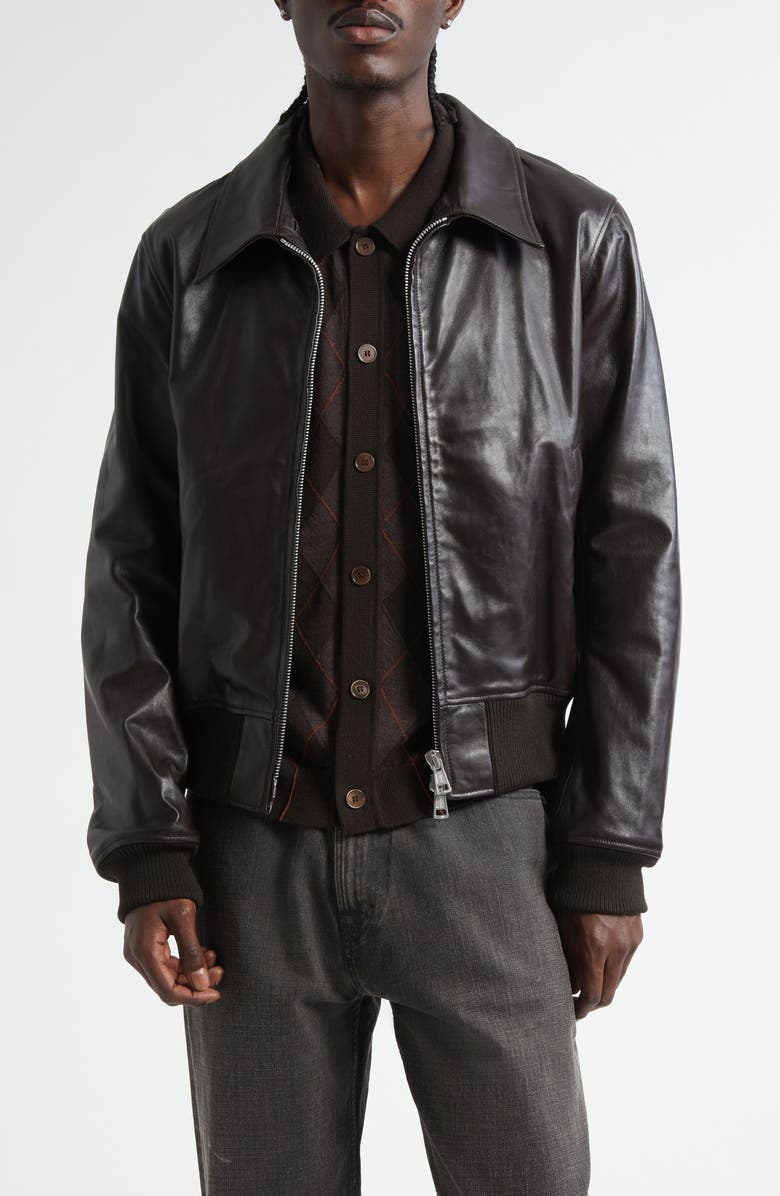 OUR LEGACY Pharos Leather Bomber Jacket with Removable Genuine Shearling Collar, Alternate, color, Umber Brown Fluid Calfskin