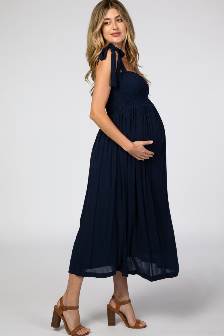 Smocked Tie Strap Midi Dress, Alternate, color, Navy Blue