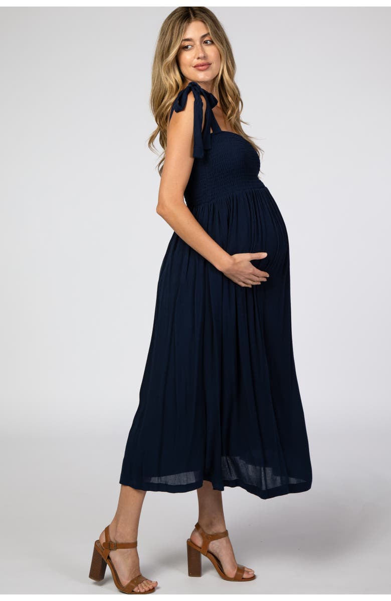 PinkBlush Smocked Tie Strap Midi Dress, Alternate, color, Navy Blue