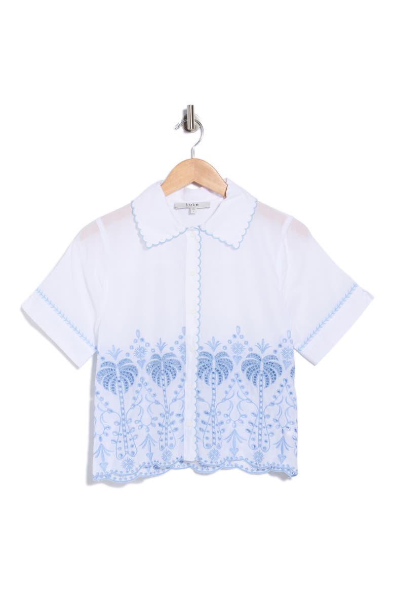 Palm Embroidered Short Sleeve Button Front Shirt, Main, color, WHITE/ BLUE