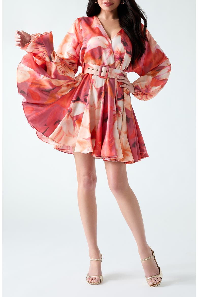 Estella Print Belted Fit & Flare Dress, Main, color, PINK MULTI