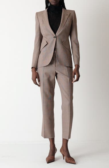 zara cigarette pants GINGHAM BELTED STRAIGHT PANTS - Brown