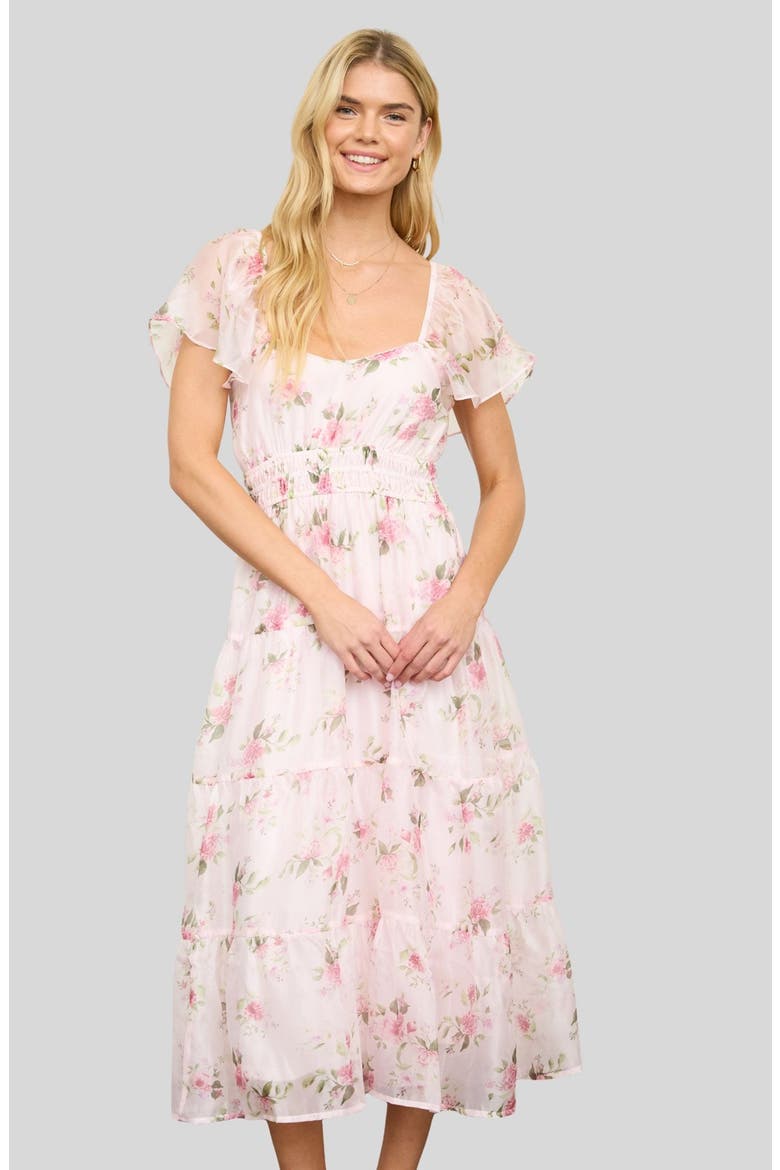 Flutter Sleeve Floral Midi Dress, Alternate, color, PINK MULTI