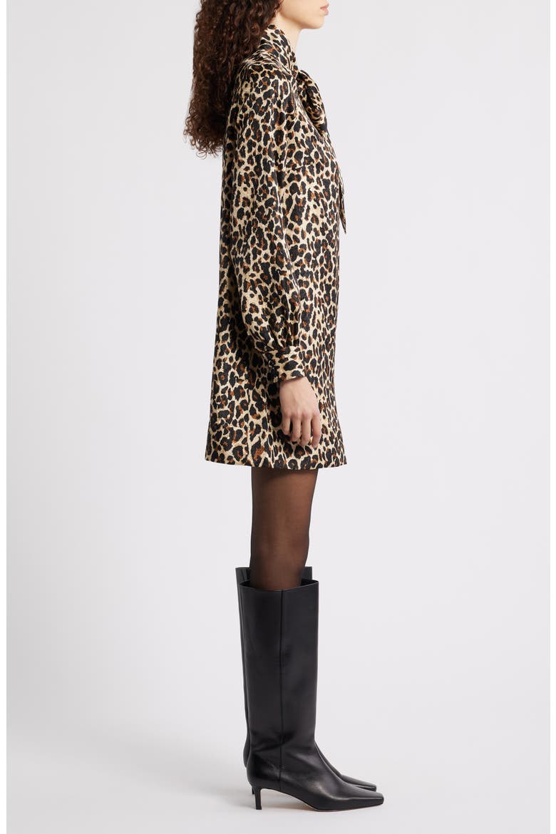 Leopard Print Long Sleeve Tie Neck Shift Dress, Alternate, color, TAN- BLACK SARAH LEOPARD
