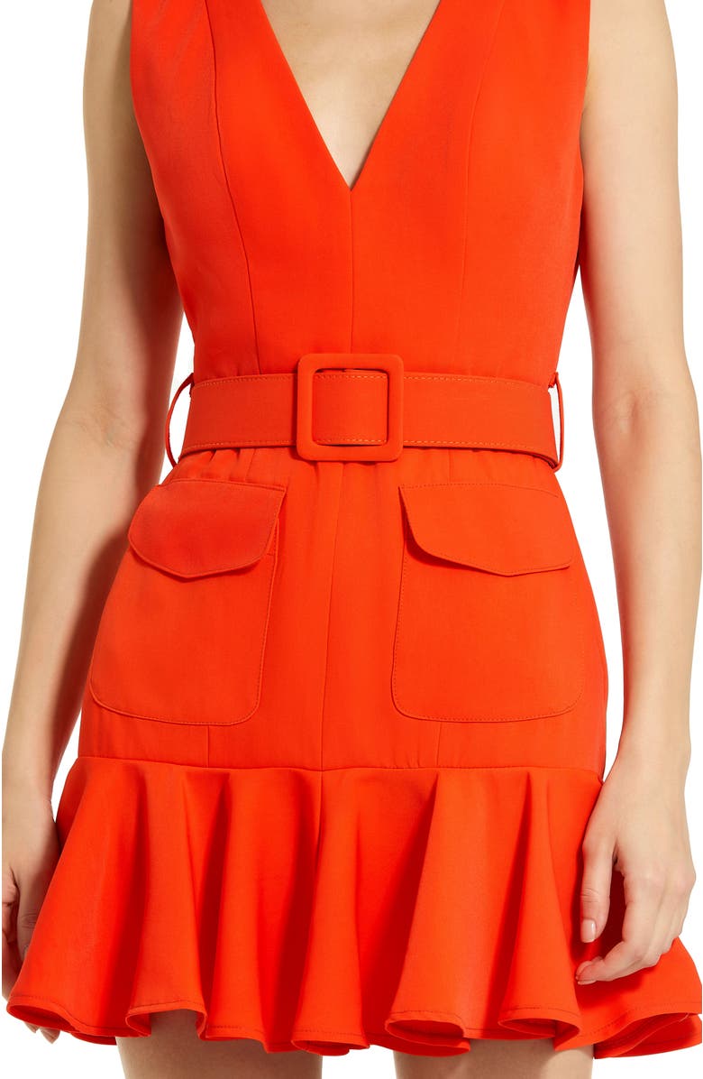 Mac Duggal Crepe Sleeveless Belt And Pockets Detail Mini Dress, Alternate, color, Sunset