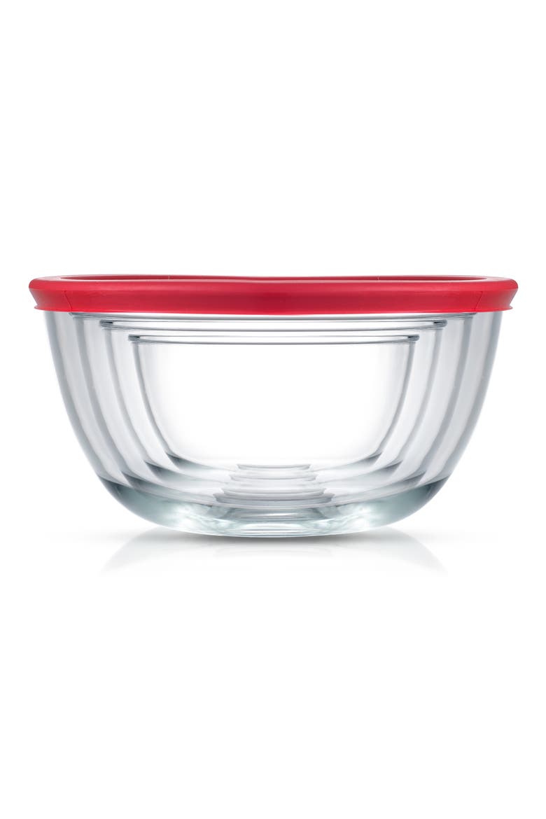 Set of 4 Thick Glass Mixing Bowls with Airtight Lids, Main, color, RED
