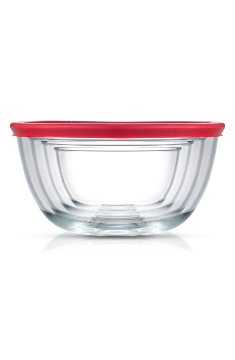 JoyJolt Set of 4 Thick Glass Mixing Bowls with Airtight Lids, Main, color, Red