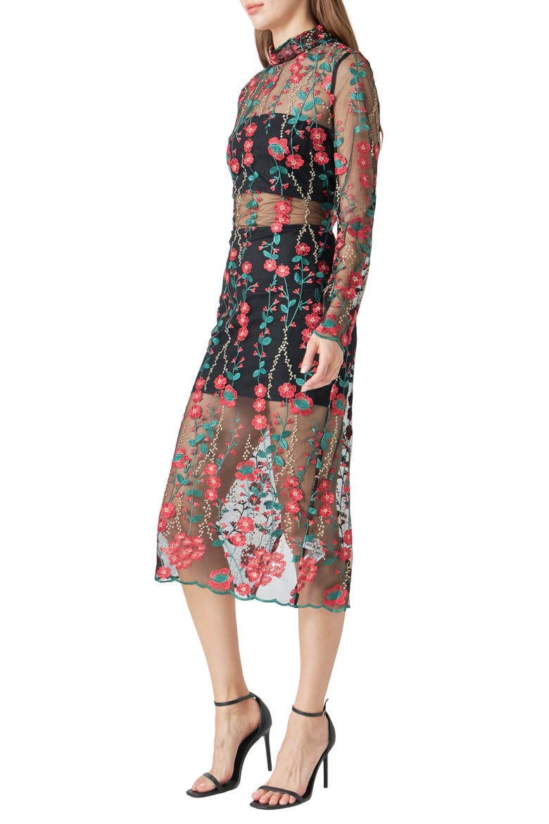 Floral Embroidered Long Sleeve Midi Dress, Alternate, color, RED MULTI