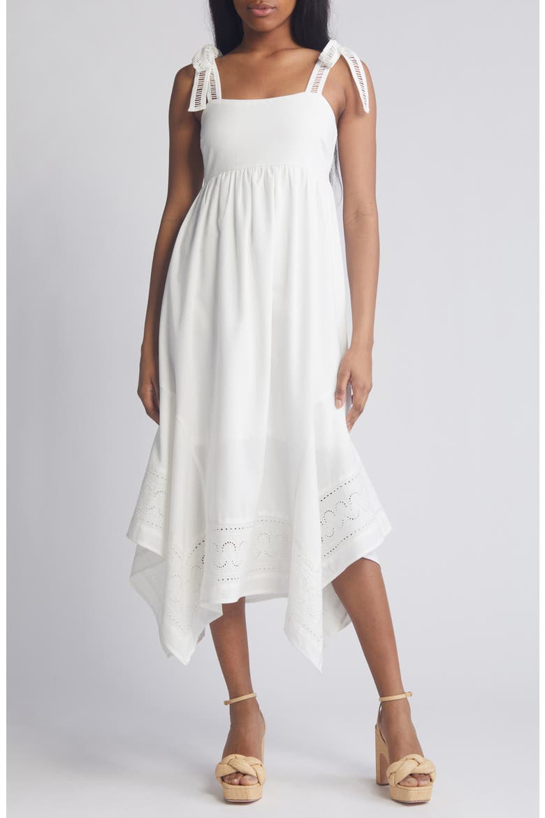 Embroidered Handkerchief Hem Midi Sundress, Main, color, WHITE