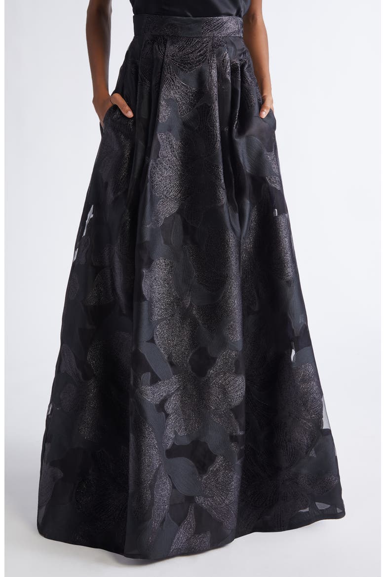 Metallic Floral Jacquard Organza Skirt, Main, color, BLACK
