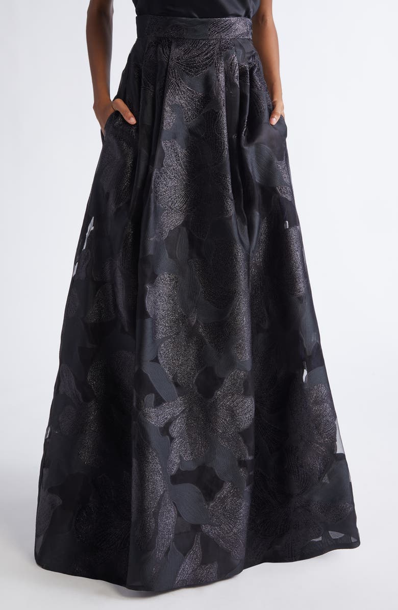 ST. JOHN Metallic Floral Jacquard Organza Skirt, Main, color, Black