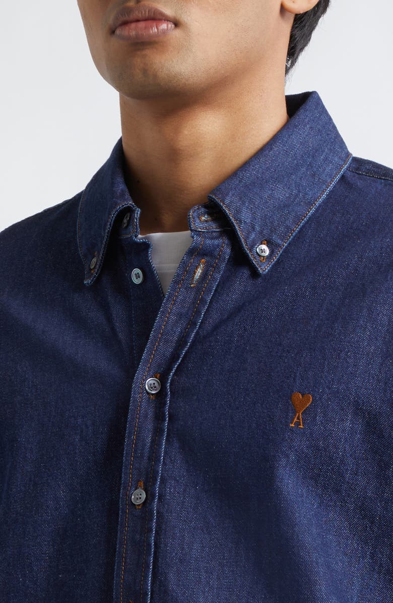 AMI PARIS Ami de Coeur Denim Button-Down Shirt, Alternate, color, Indigo