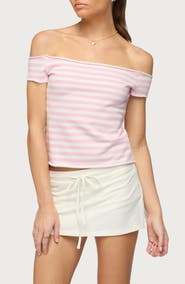EDIKTED Stripe Off the Shoulder French Terry Top