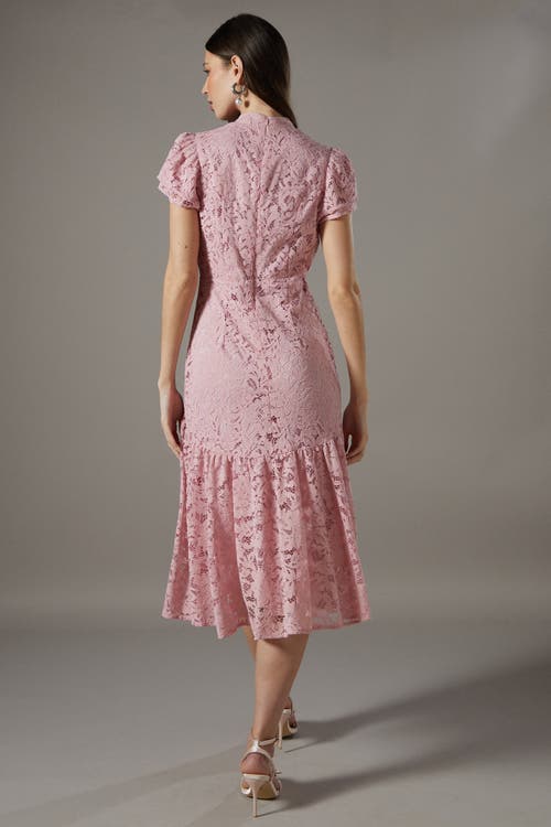 Coast Lace Frill Sleeve High Neck Midi Dress In Pink