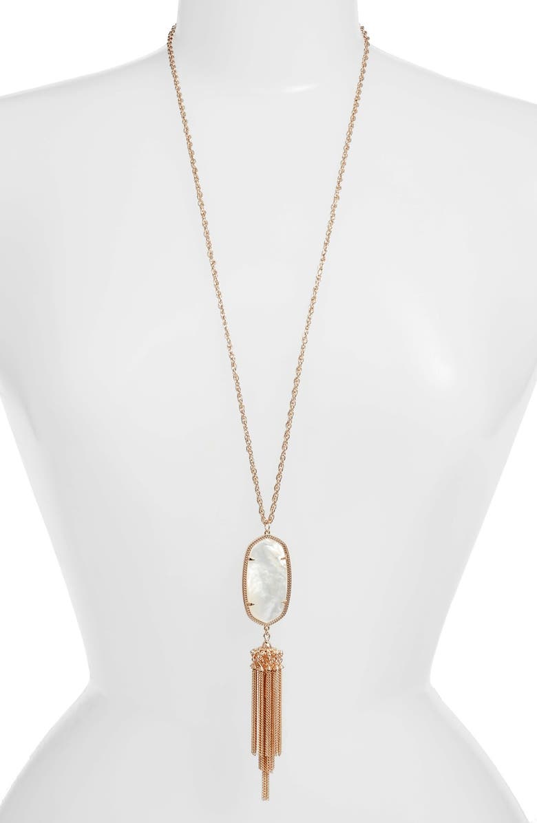 Kendra Scott Rayne Stone Tassel Pendant Necklace, Main, color, Ivory Mop/ Rose Gold