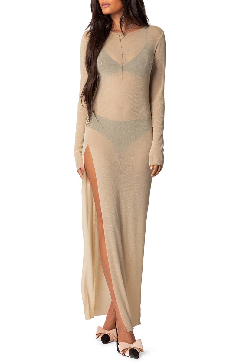 EDIKTED Glitter Long Sleeve Mesh Maxi Dress, Alternate, color,
