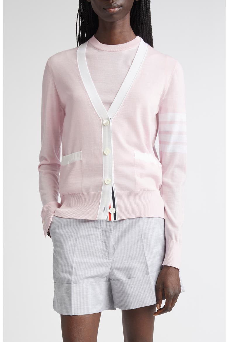 4-Bar Relaxed Fit V-Neck Virgin Wool Cardigan, Main, color, LIGHT PINK