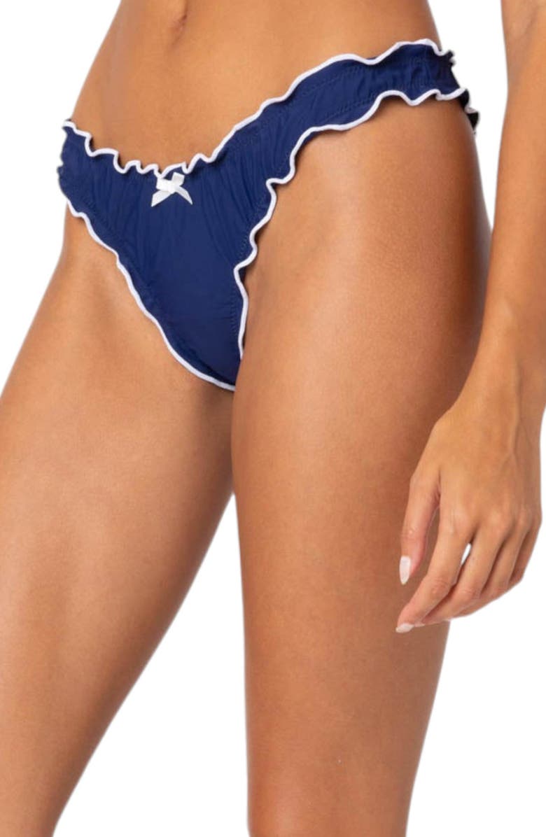 EDIKTED Golden Ruffle Edge Bikini Bottoms, Alternate, color, Navy