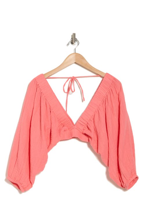 Elan Three-quarter Balloon Sleeve V-neck Cover-up Top In Coral