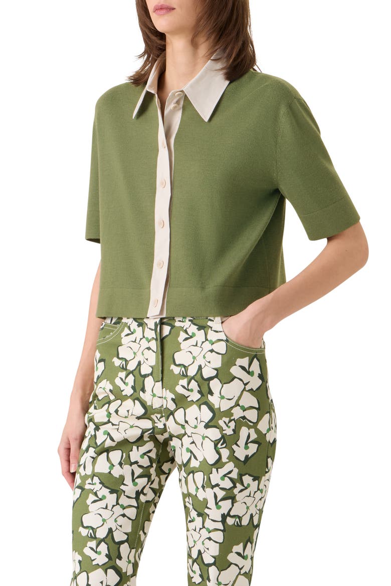 Relaxed Fit Short Sleeve Virgin Merino Wool Cardigan, Main, color, GREEN TEA-IVORY
