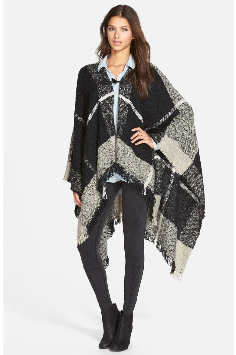 Woven Heart Plaid Blanket Poncho, Main, color, BLACK