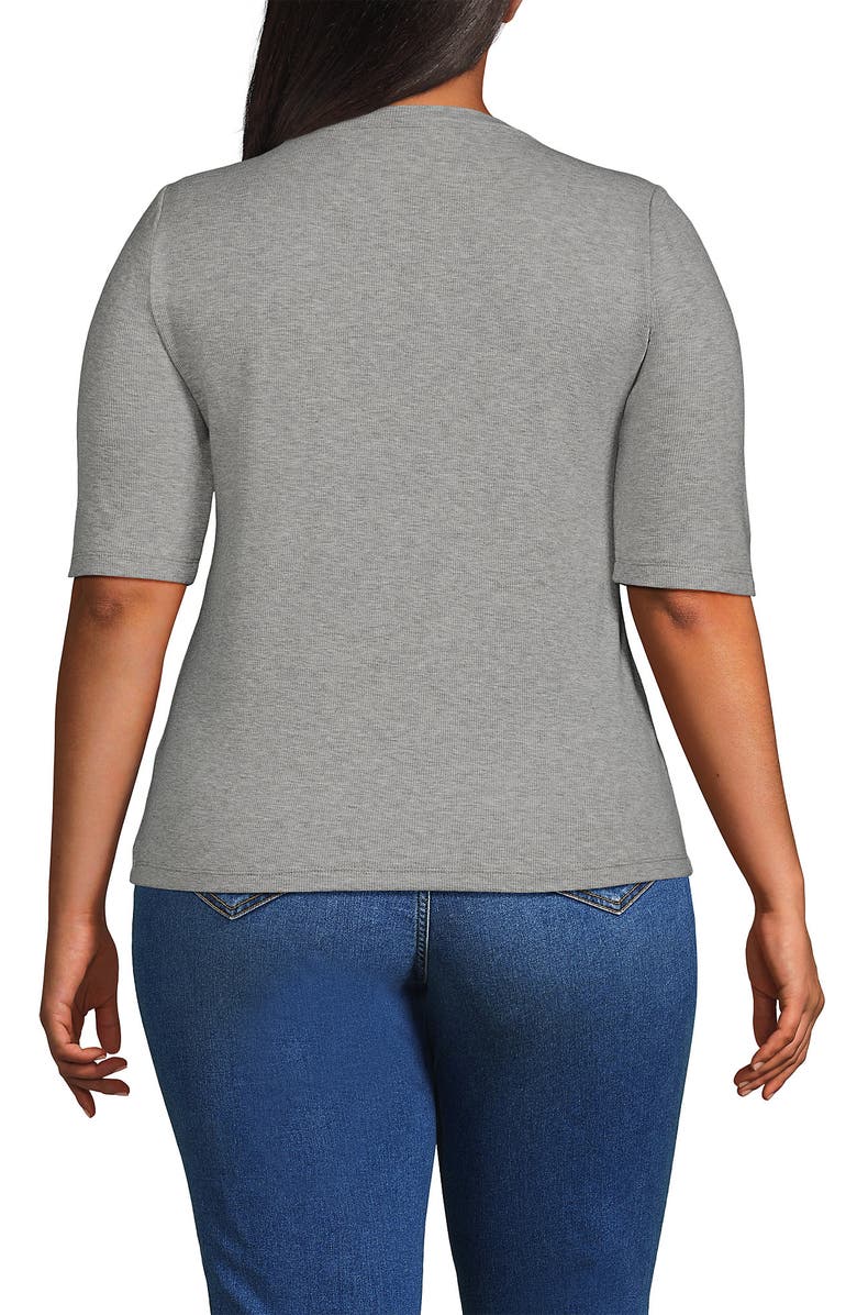 Lands' End Plus Size Drapey Rib Fitted Elbow Sleeve Scoop Neck Tee, Alternate, color, Gray Heather