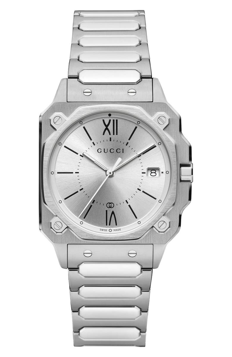 Gucci G-Flat Medium Bracelet Watch, 30mm, Alternate, color, Silver