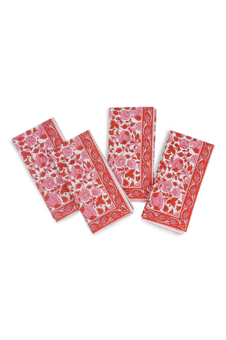 Set of 4 Floral Block Print Cotton Napkins, Main, color, RED/ PINK