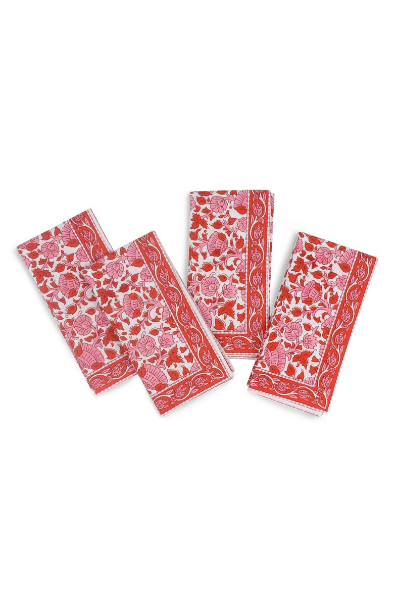 Tiramisu Set of 4 Floral Block Print Cotton Napkins, Main, color, Red/ Pink