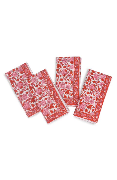 Set of 4 Floral Block Print Cotton Napkins