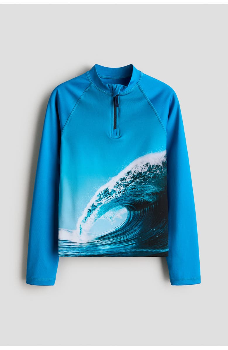 H&M Printed Swim Top, Main, color, Bright Blue/Wave
