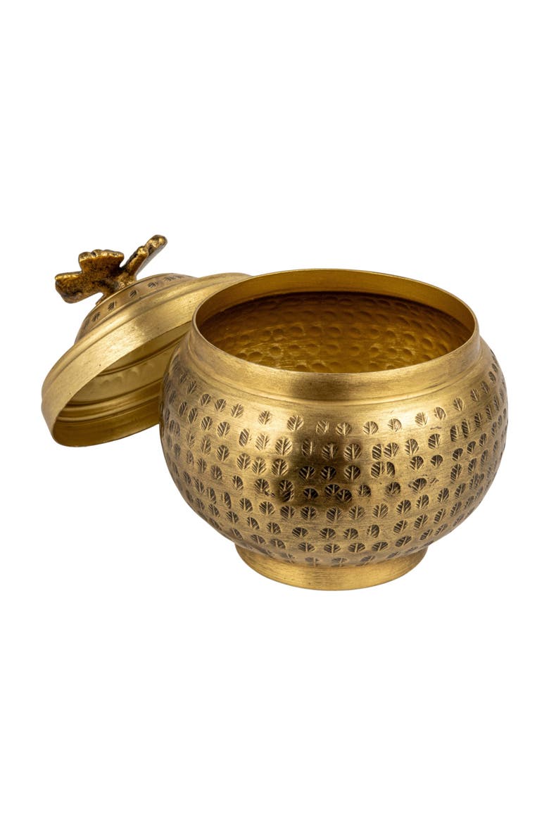 Round Hammered Metal Container with Butterfly Finial, Brass Finish, Alternate, color, Gold