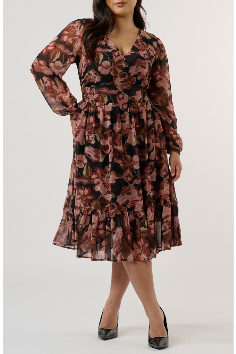 Natalia Floral Long Sleeve Midi Dress, Alternate, color, CHOCOLATE/ BLUSH