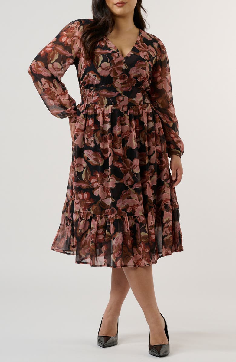 Estelle Natalia Floral Long Sleeve Midi Dress, Alternate, color, Chocolate/ Blush
