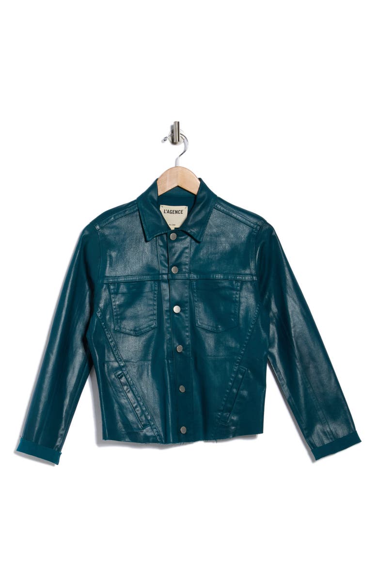 L'AGENCE Janelle Slim Fit Raw Hem Jacket, Alternate, color, Deep Teal Coated