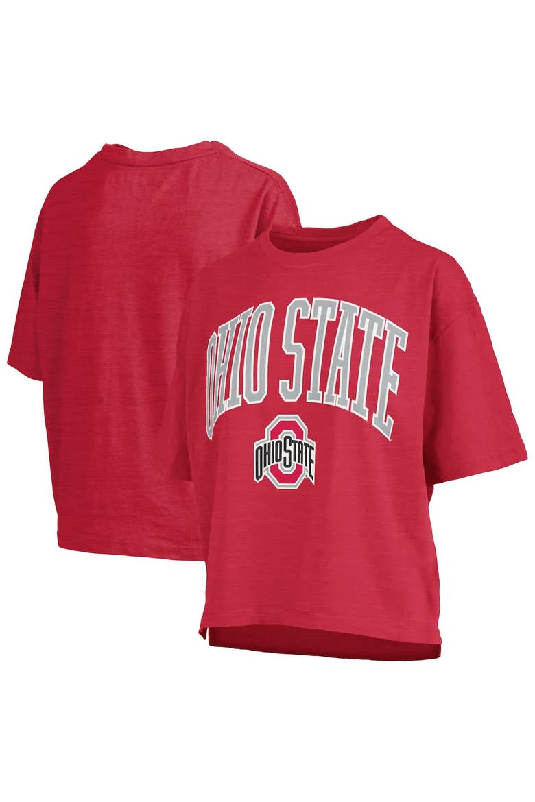 Women's Pressbox Scarlet Ohio State Buckeyes Nelson Arch Over Logo Waist Length Oversized Slub T-Shirt, Main, color, Scarlet