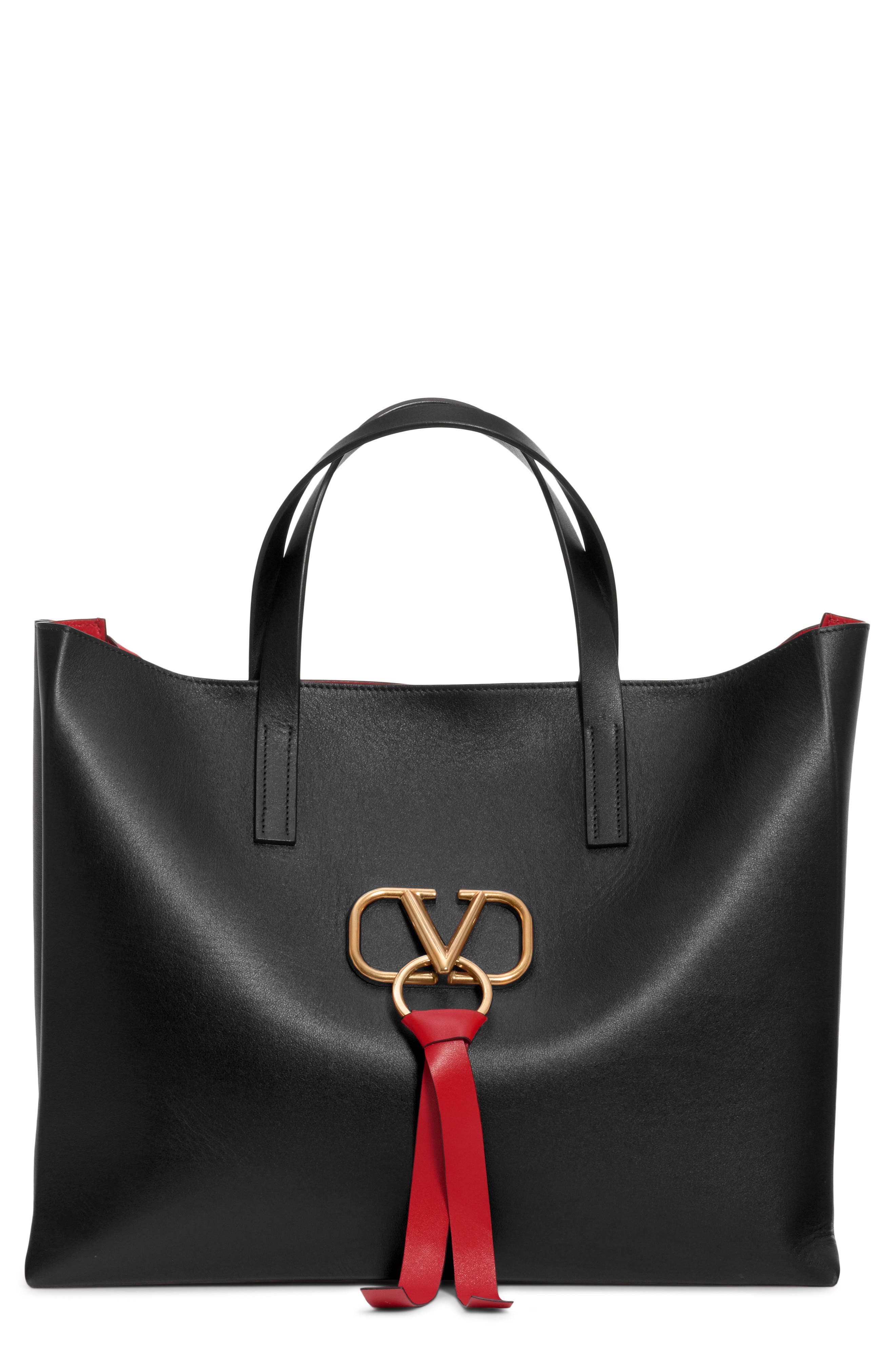 V-Ring Leather Tote, Main, color, NERO/ ROUGE PUR