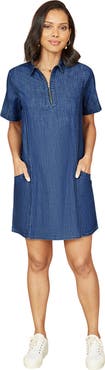 Yumi Cotton Chambray Zip Neckline Dress