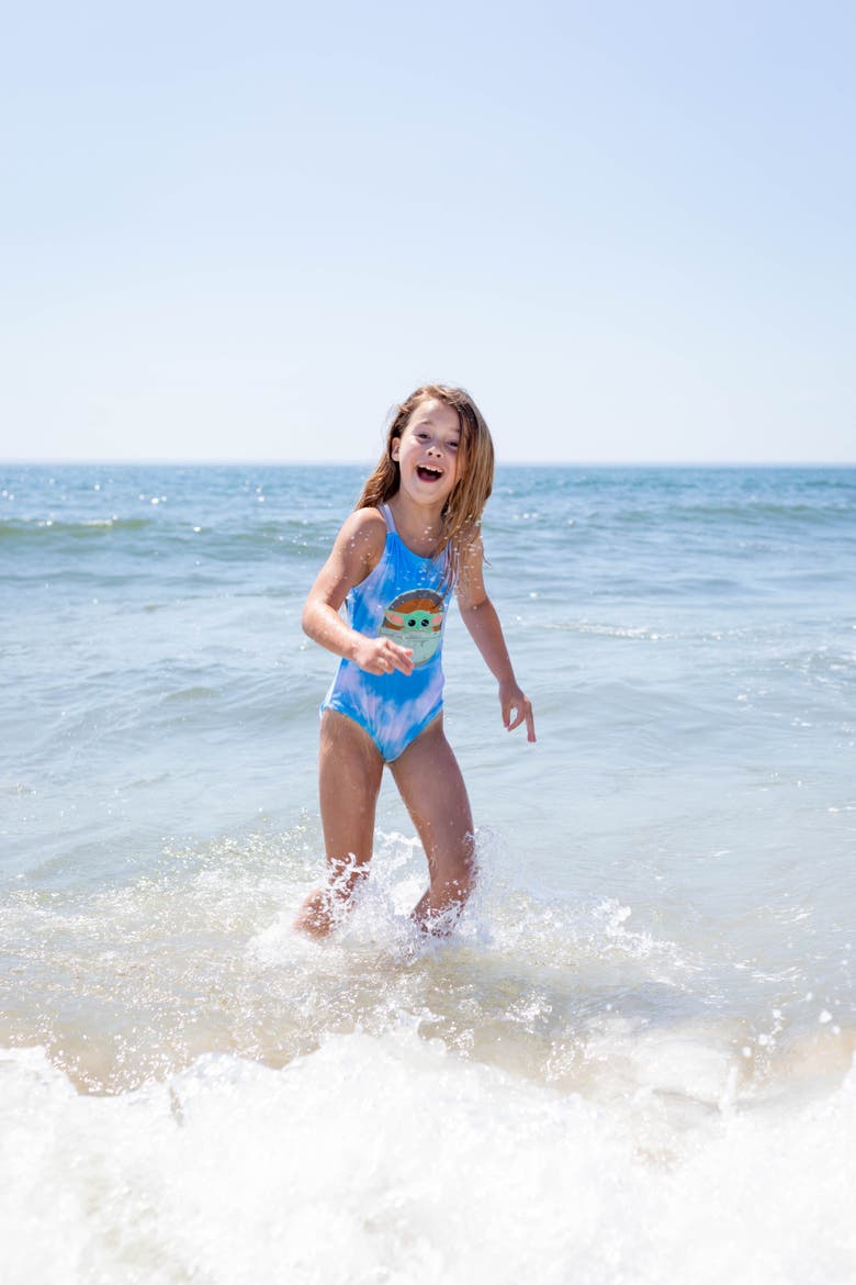 The Mandalorian Grogu One Piece Bathing Suit, Alternate, color, Grogu Blue Tie Dye