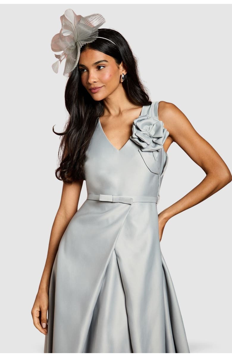 Coast Structured Satin 3D Corsage Midi Dress, Alternate, color, Silver