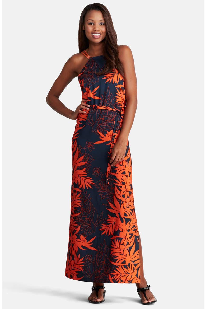 Braided Strap Print Maxi Dress, Main, color, CLEMENTINE/ BLUE DUSK