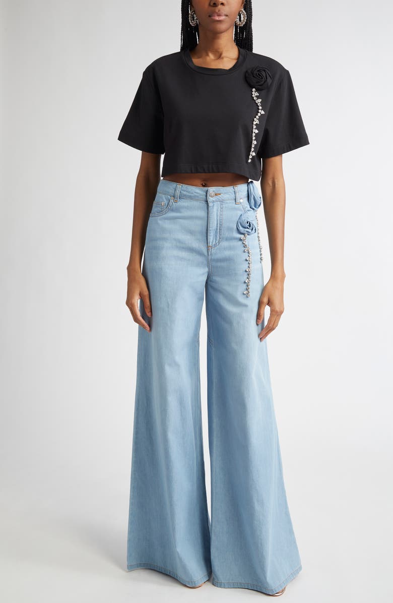 Area Crystal Rosette Crop T-Shirt, Alternate, color, Black