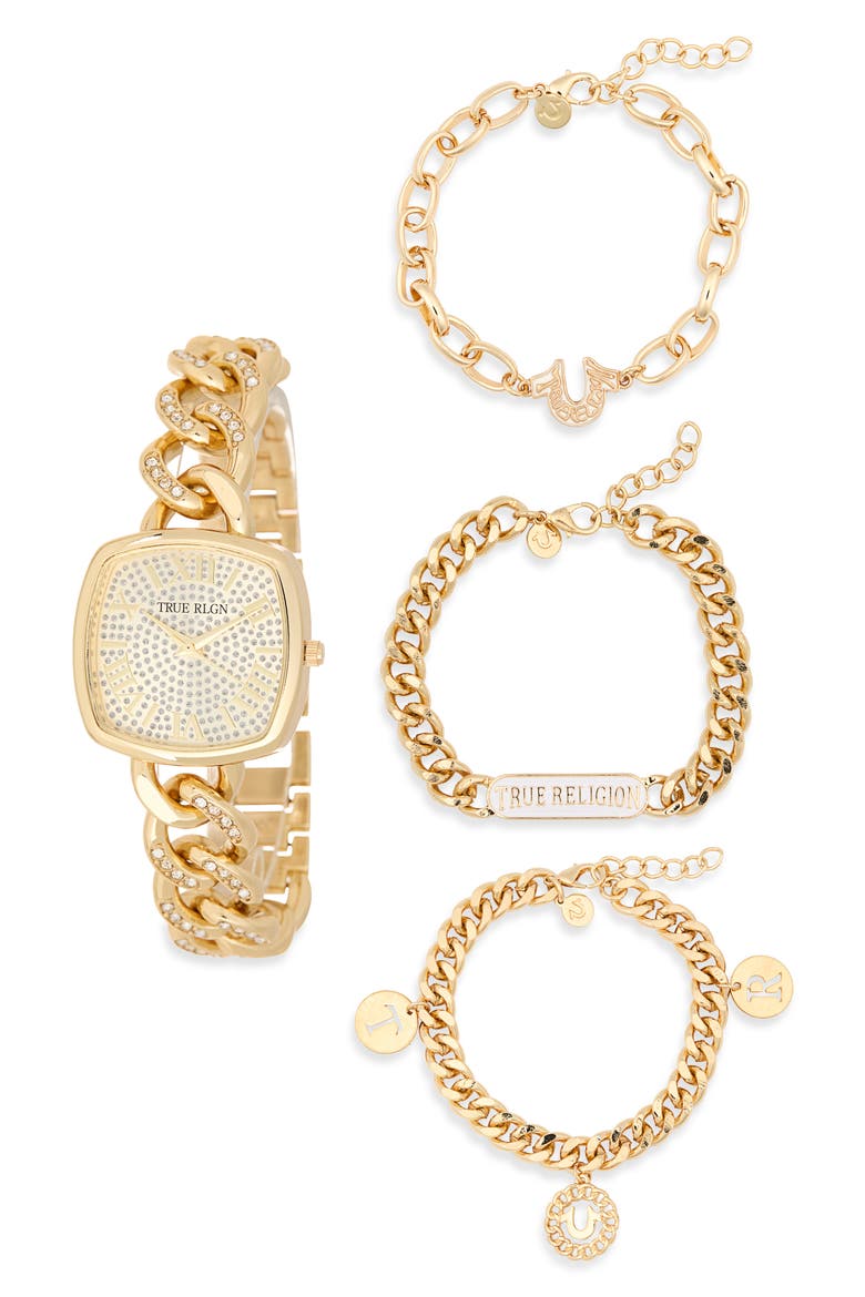 Square Crystal Logo Bracelet Watch, 31.1mm & Assorted Bracelets Set, Main, color, GOLD
