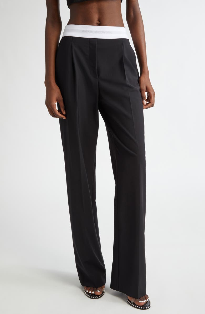 Alexander Wang Logo Elastic Waistband Pleated Stretch Wool Blend Pants, Main, color, 