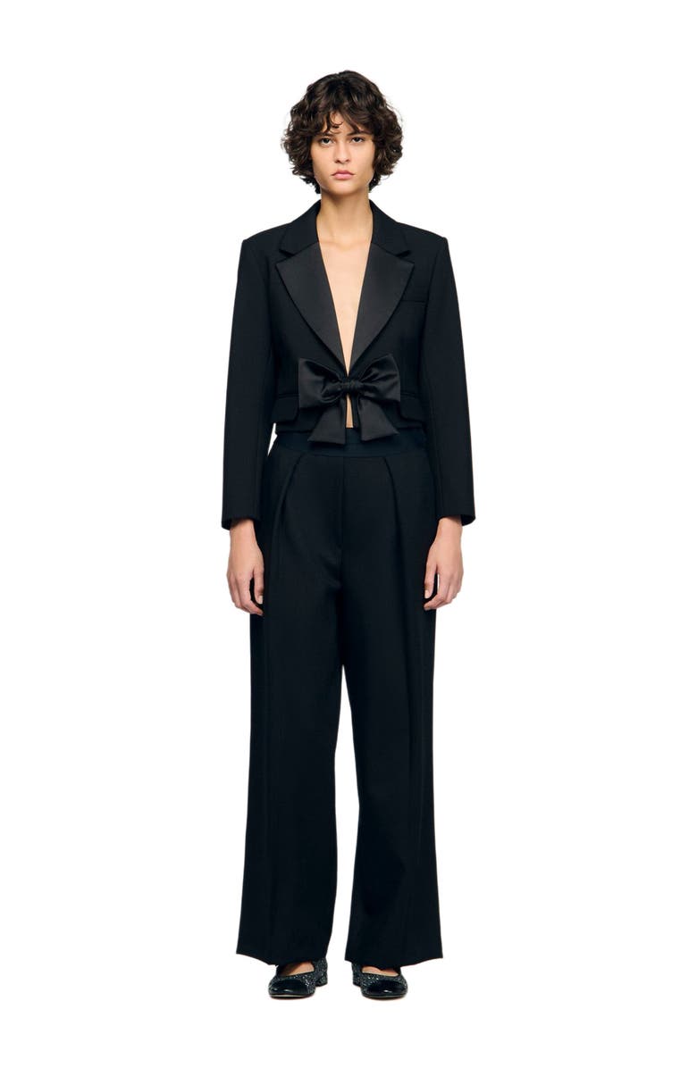 SANDRO Short satin bow jacket, Alternate, color, Black