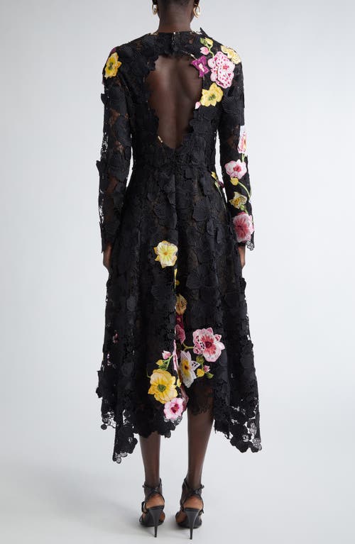 Oscar De La Renta Orchid Threadwork Long Sleeve Floral Lace Fit & Flare Gown In Black