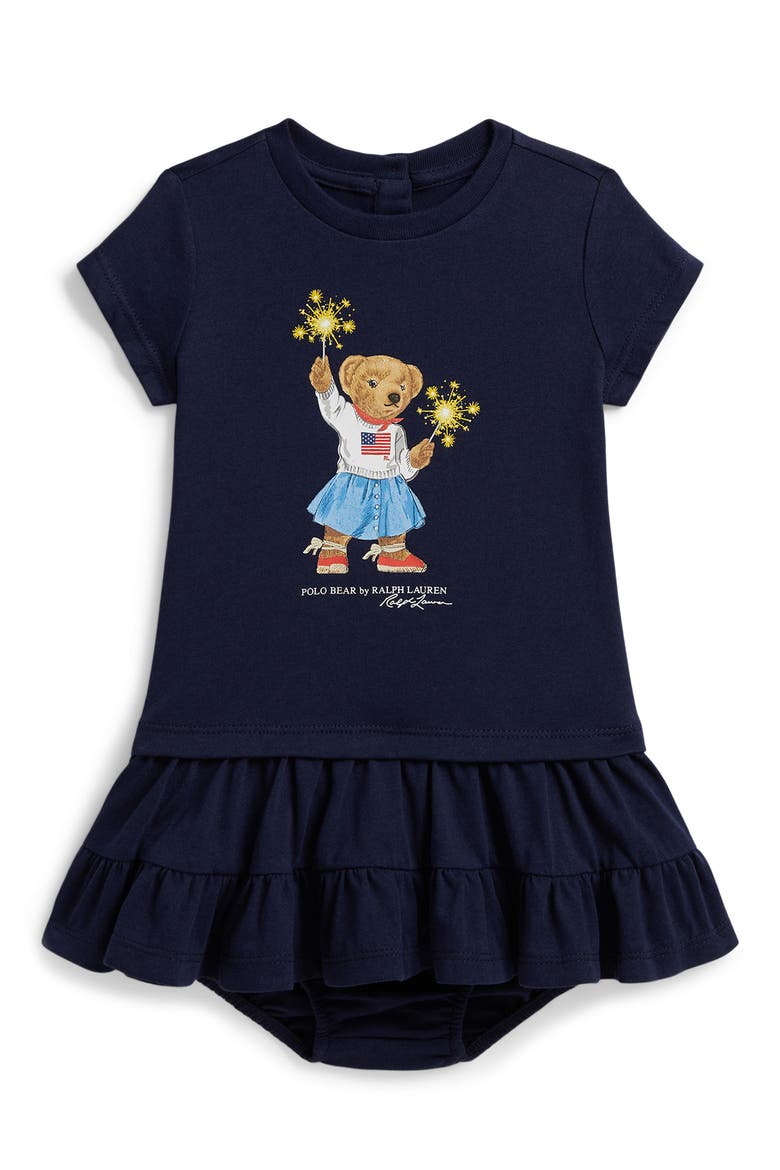 Bear Jersey Dress & Bloomers Set, Main, color, NAVY