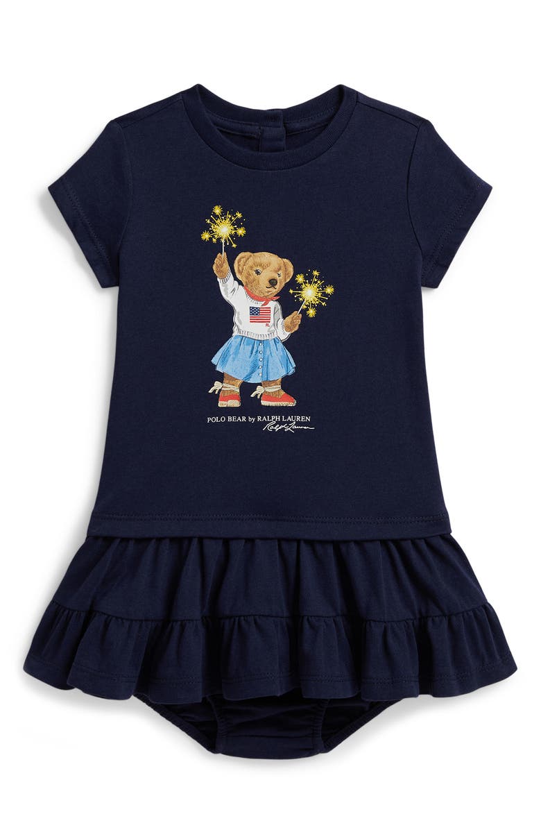 Ralph Lauren Bear Jersey Dress & Bloomers Set, Main, color, Navy